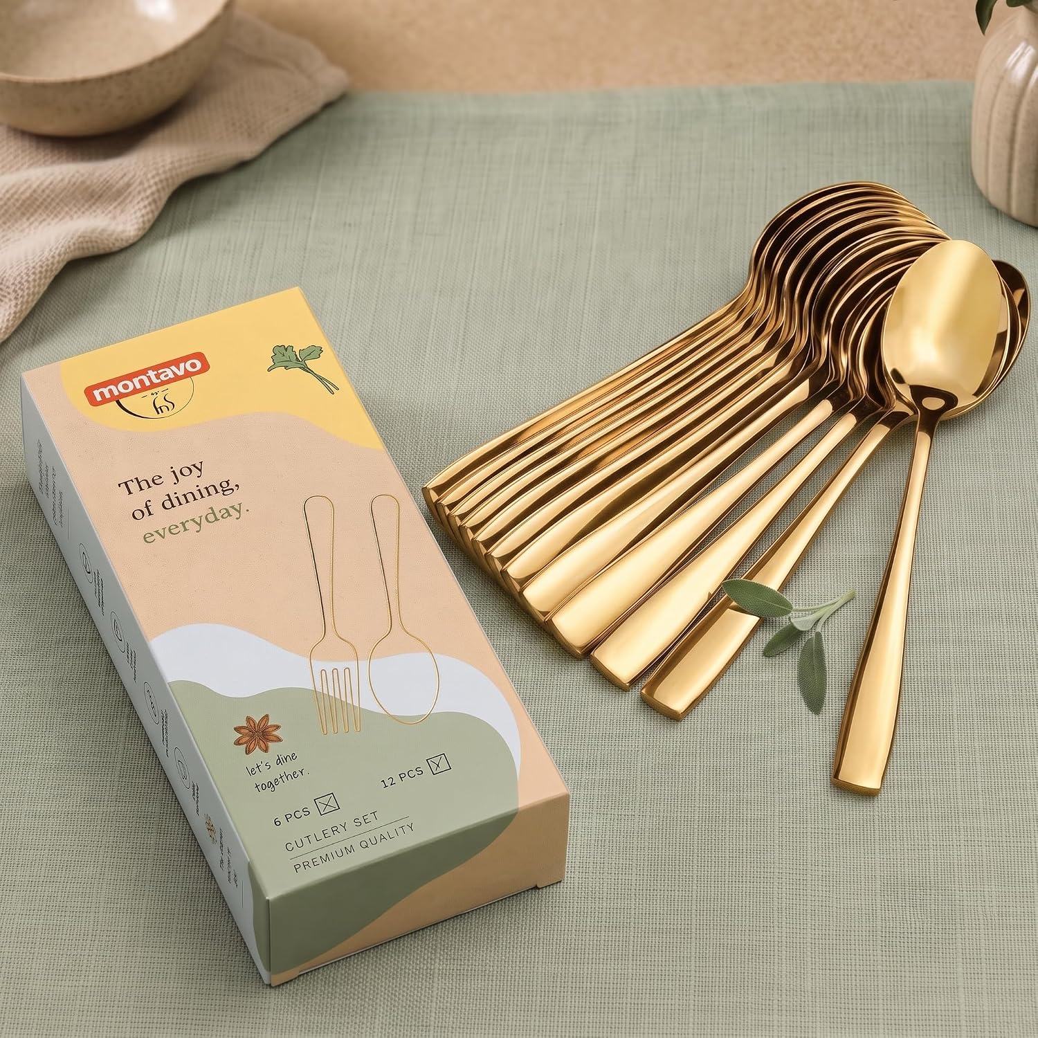 Montavo by FnS Stainless Steel Dinner Spoons | Set of 12 PVD Gold Mirror Finish