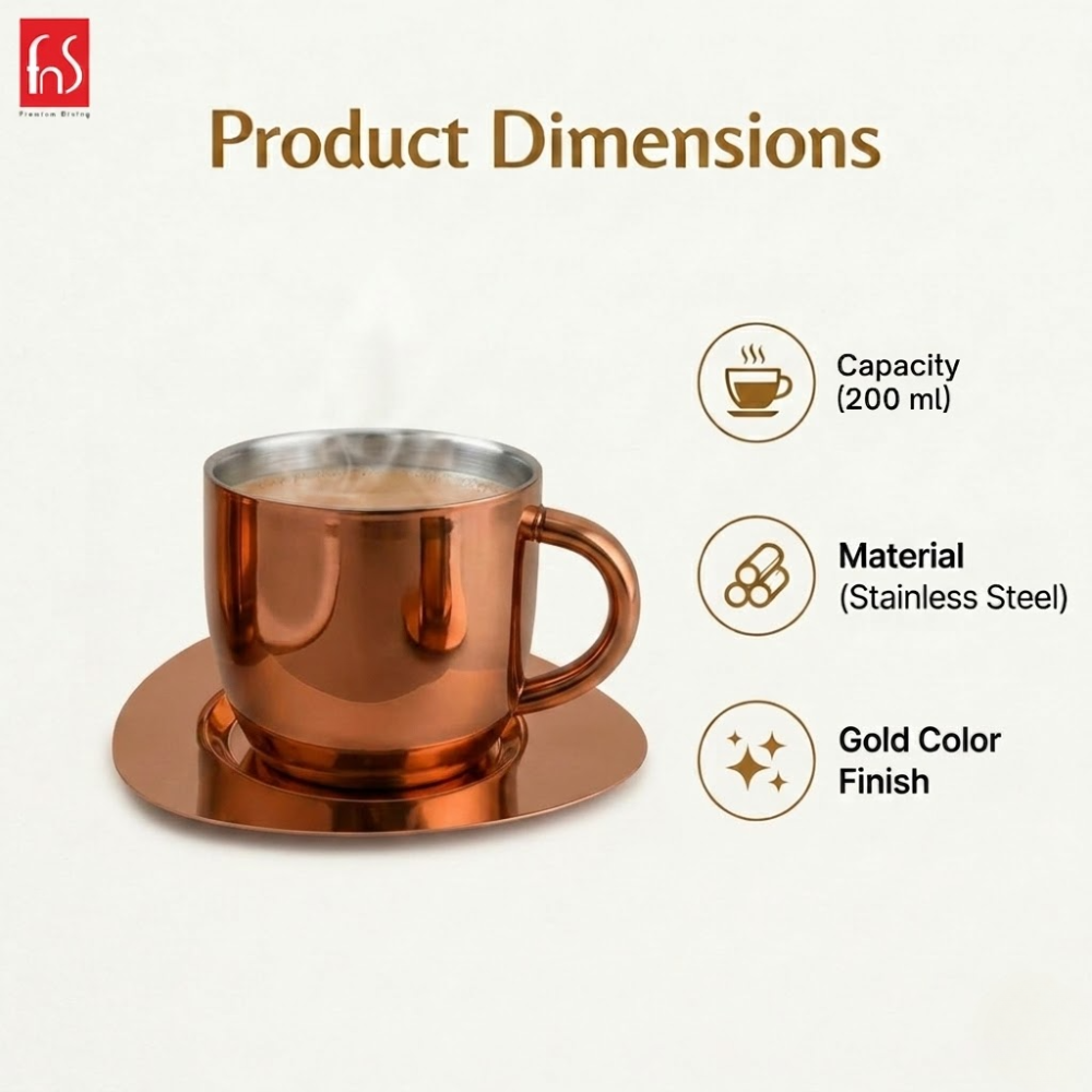 FnS Tea Cup and Saucer Set of 4 Stainless Steel for Gift and Home Decor Double Walled Cup | Unbreakable Cups for Tea and Coffee (Rose Gold, 4 Cups and 4 Saucer)