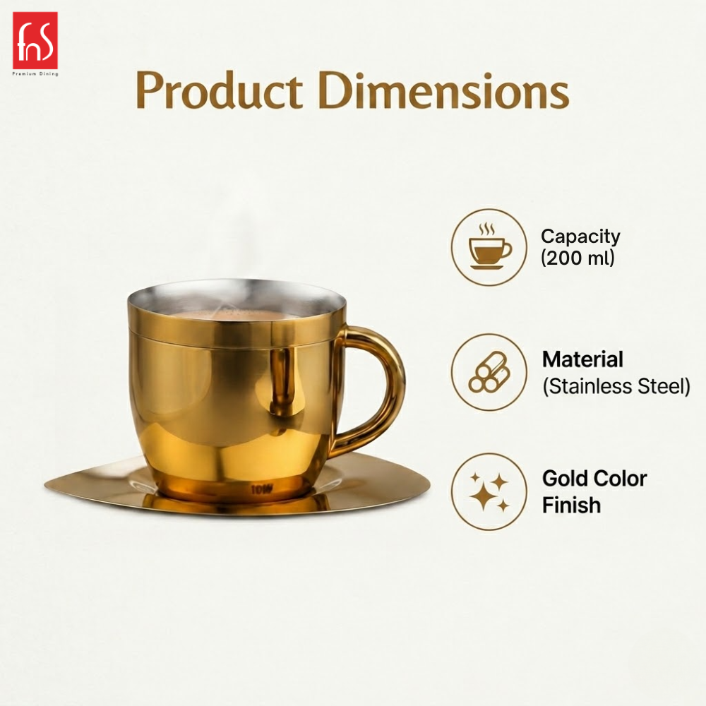 FnS Tea Cup and Saucer Set of 4 Stainless Steel for Gift and Home Decor Double Walled Cup | Unbreakable Cups for Tea and Coffee (Gold, 4 Cups and 4 Saucer)