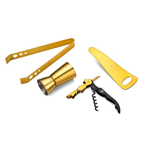 FnS 4 pcs Bar Tool Set in Gold Finish with Box Packaging -Home Bartending Kit with Ice Tong, Peg Measure, Bottle Opener, Corkscrew