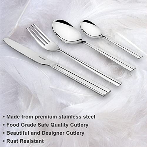 FNS Montavo Nile Stainless Steel Cutlery Set with Stand for Dining Table - Set of 24 Pieces (Contains : 6 Dinner Spoons, 6 Dinner Forks, 6 Tea Spoons & 6 Knifes)