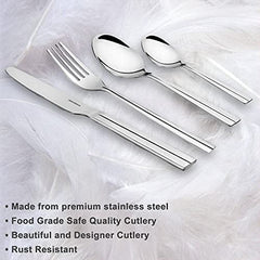 FNS Montavo Nile Stainless Steel Cutlery Set with Stand for Dining Table - Set of 24 Pieces (Contains : 6 Dinner Spoons, 6 Dinner Forks, 6 Tea Spoons & 6 Knifes)