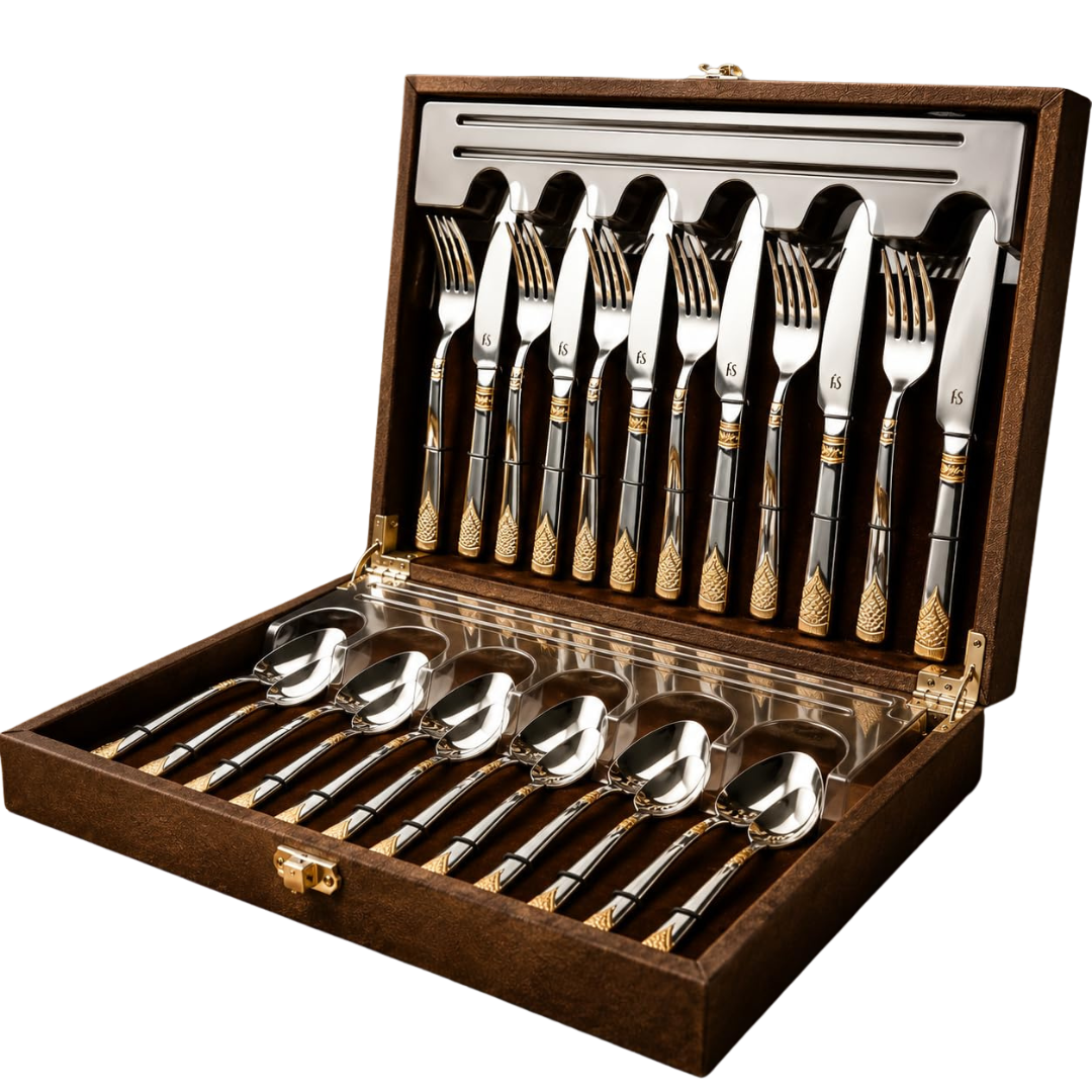 FnS August 24-Pc 24K Gold Plated Steel Cutlery Set with Leatherette Box