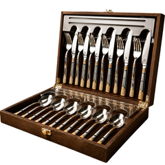 FnS August 24-Pc 24K Gold Plated Steel Cutlery Set with Leatherette Box