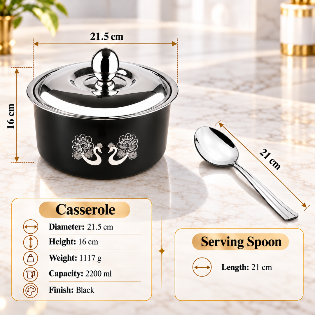 FnS Hazel 2200 ml Black Stainless Steel Casserole with Serving Spoon