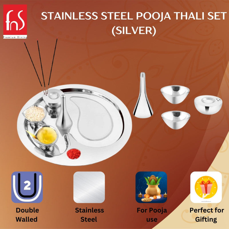 FnS Premium Stainless Steel Pooja Thali Set - 5 Pc Set (Silver) (Pooja Thali)