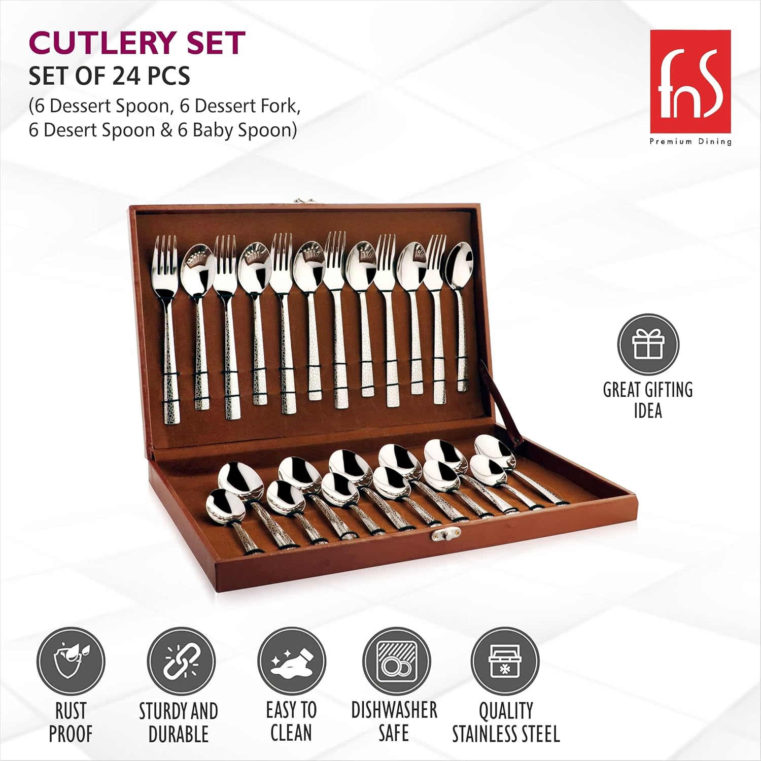 Montavo by FnS Pebble Premium Laser Engraved Cutlery Set of 24 Pcs in Leatherette Box