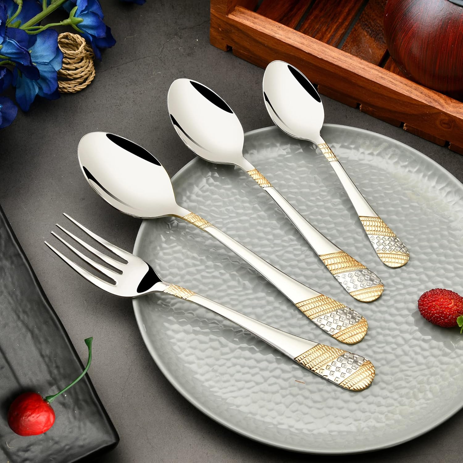 FnS Imperio 24 Pcs 24 Karat Gold Plated Cutlery set with Stand