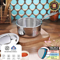 FnS NuChef Cookware Triply Sauce Pan 18 CM With Stay-Cool Handles | Even Heat Distribution, Durable & Rust-Free Cookware