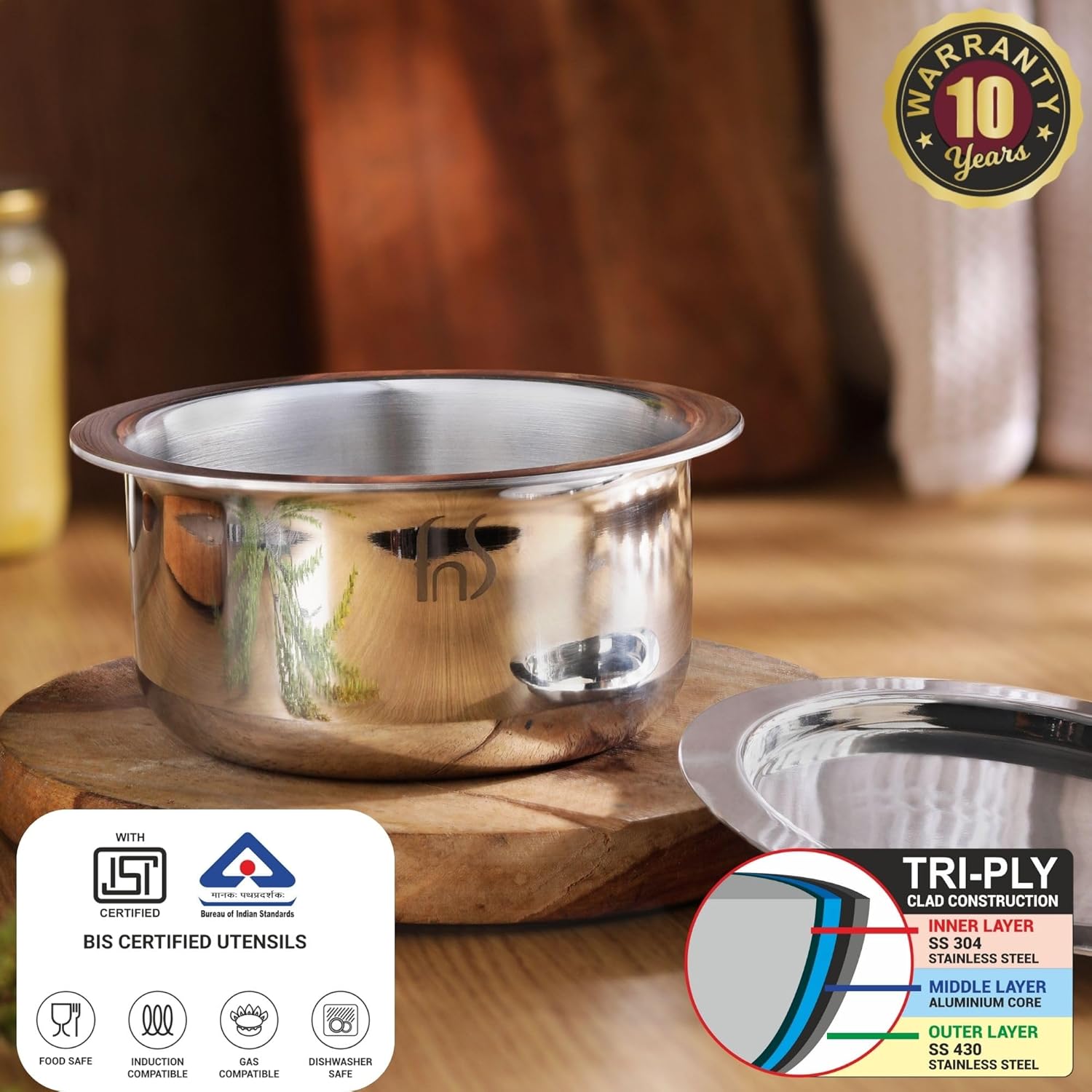 FnS NuChef Cookware Triply Tope 16 CM | Even Heat Distribution, Durable & Rust-Free Cookware