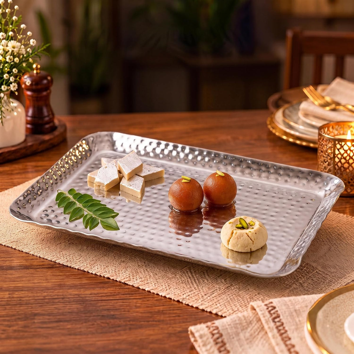 FnS Rectangular Hammered Finish Stainless Steel Deep Serving Platter