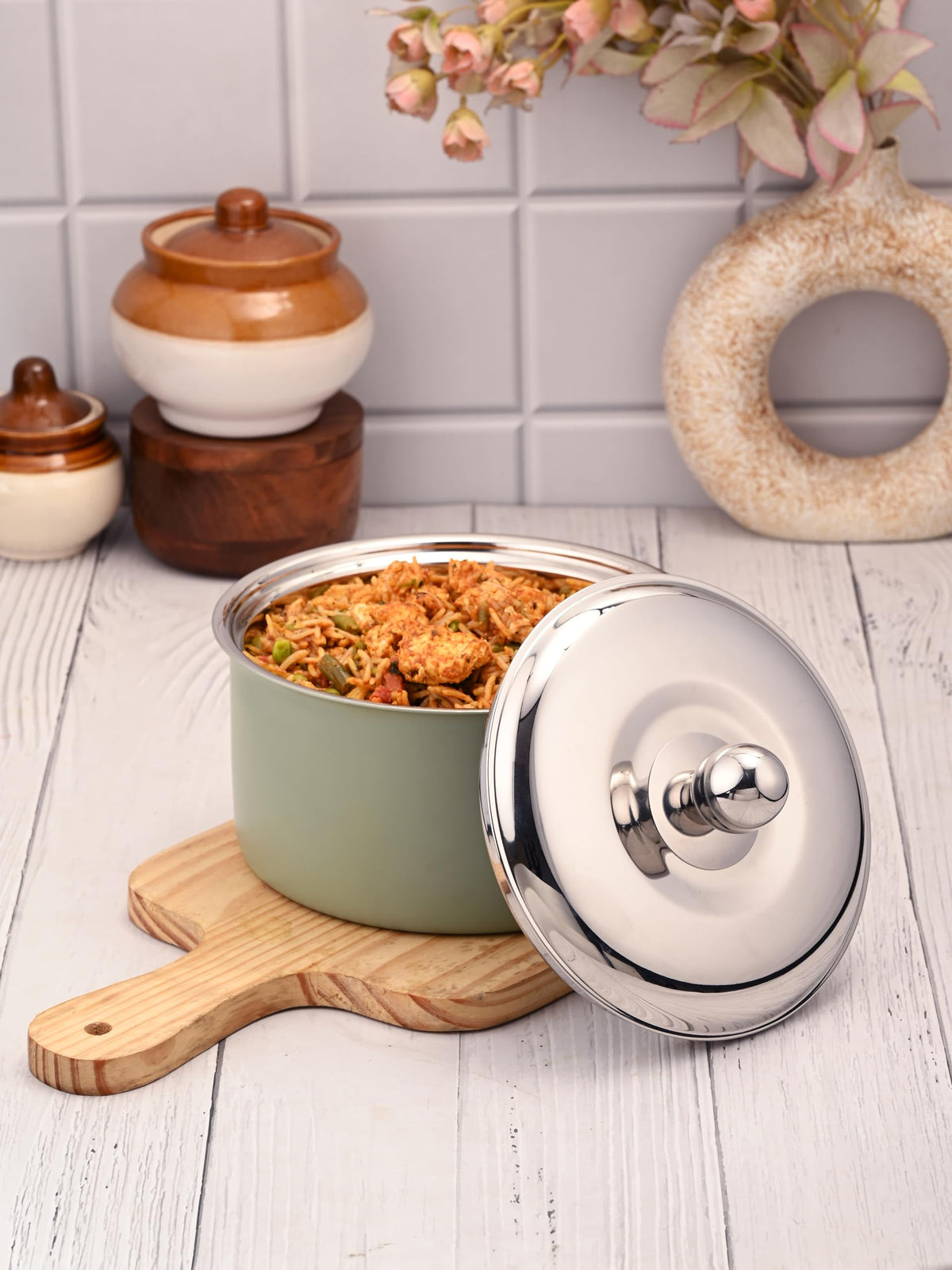 FnS Alwin Olive Green Finish Stainless Steel Double Wall Insulated Designer Casserole with Lid (1600 ml)