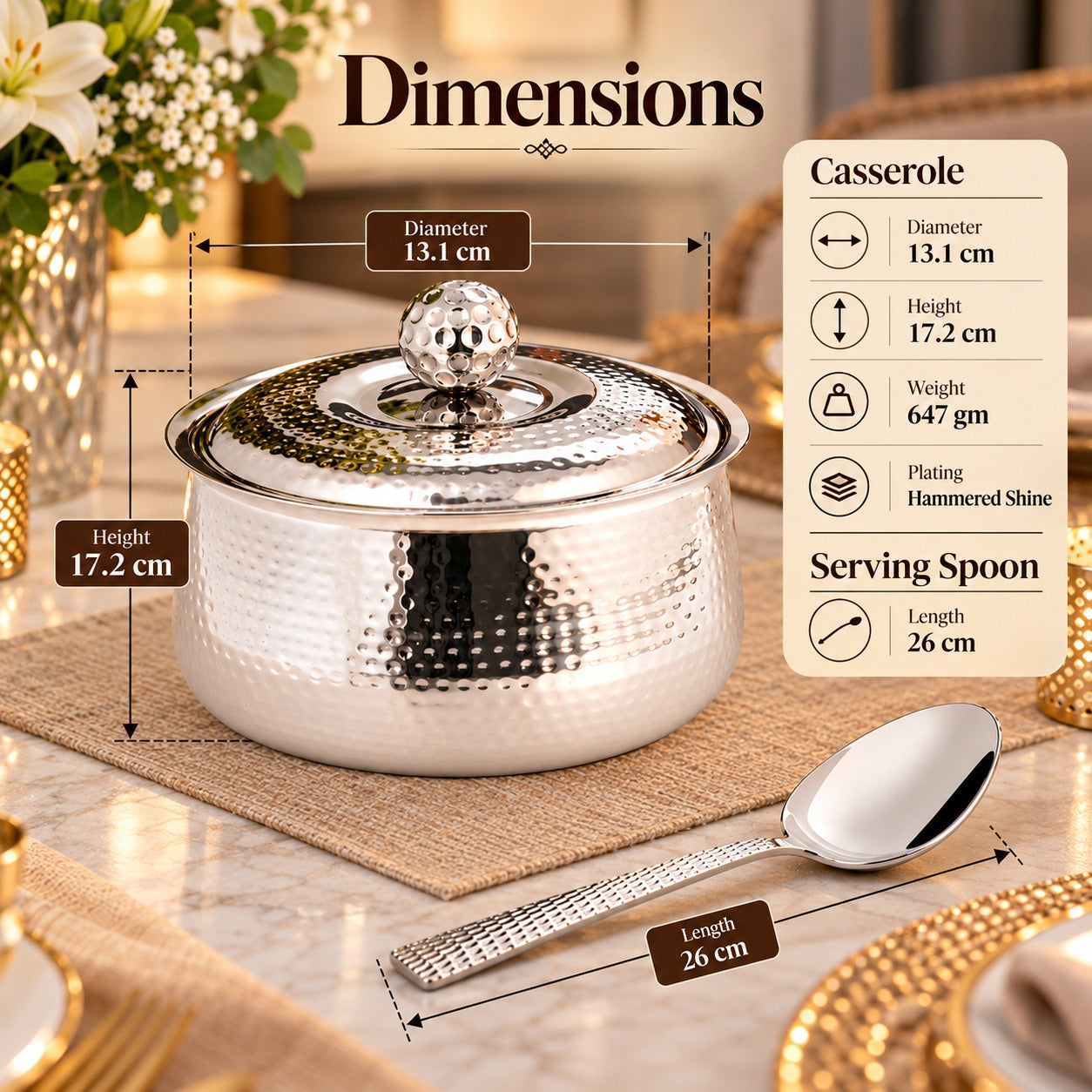 FnS Genoa 850 ml Hammered Stainless Steel Casserole with Serving Spoon