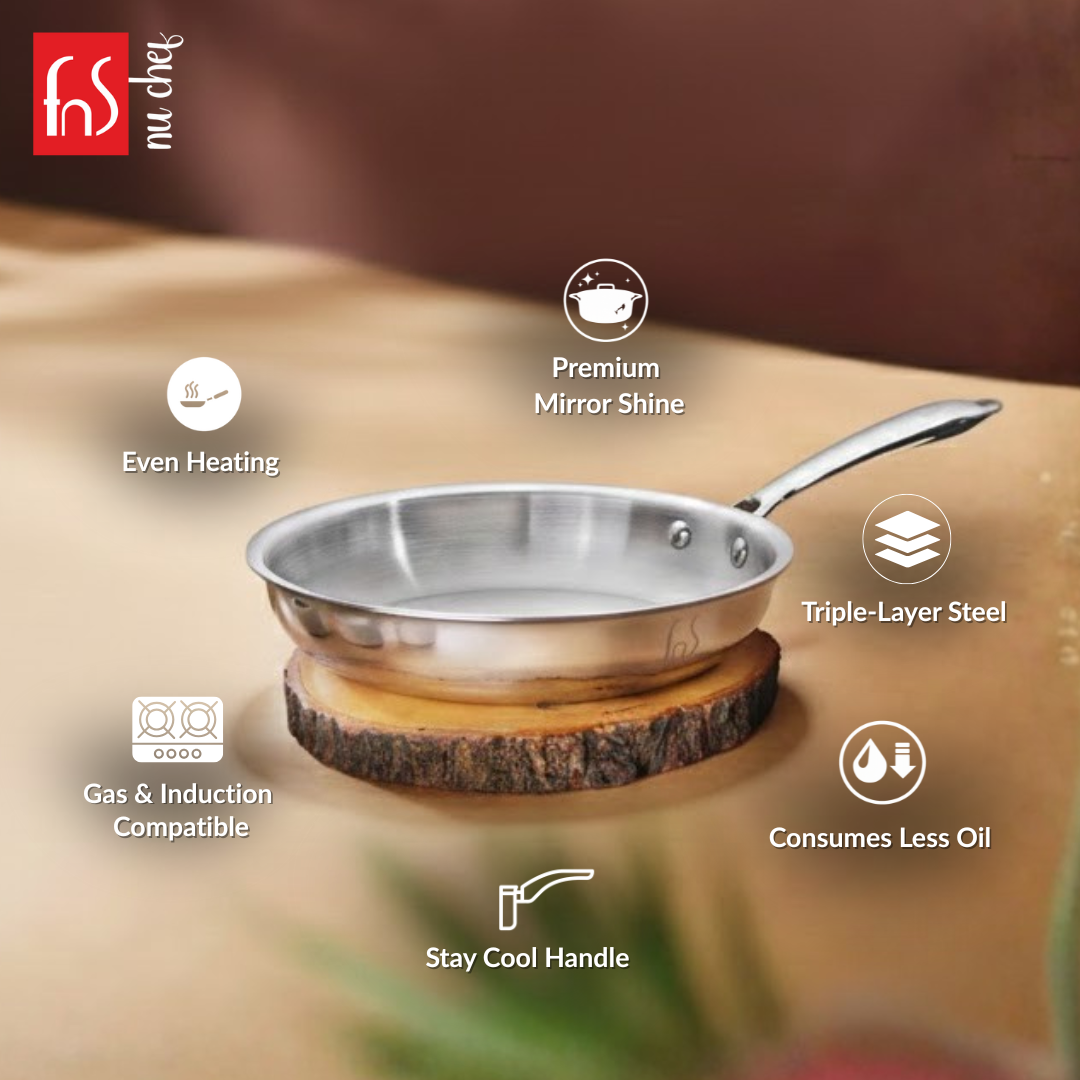 FnS NuChef Cookware Triply Frypan 26 CM With Stay-Cool Handles | Even Heat Distribution, Durable & Rust-Free Cookware