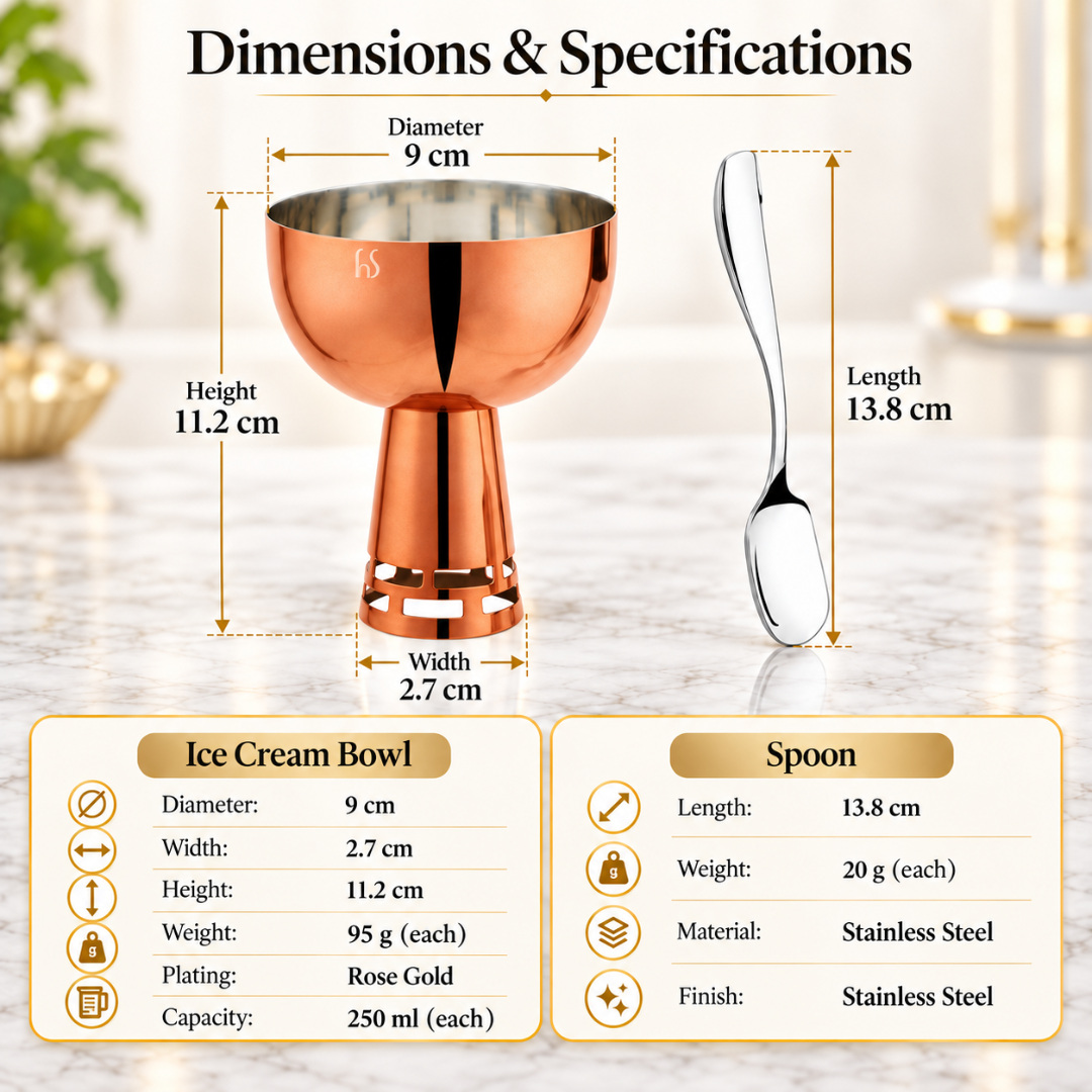 FnS Basil Rose Gold Ice Cream Bowl & Spoon Set of 6