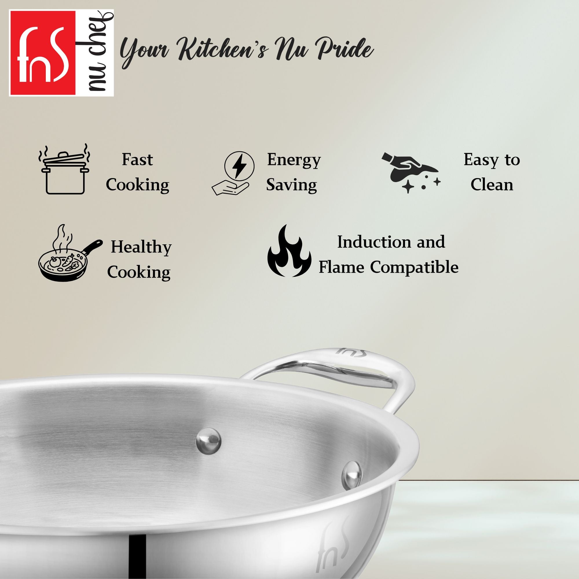 FnS NuChef Cookware Triply Kadai 24 CM With Lid
