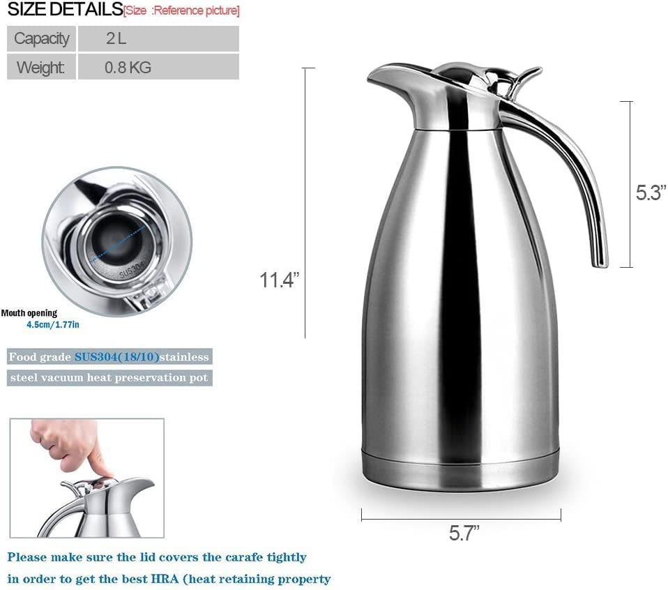 FnS Stainless Steel Coffee,Carafe, Double Walled Vacuum Flask - 12-Hour Heat and 24-Hour Cold Retention, Beverage Dispenser, 2 LTR Capacity, Silver