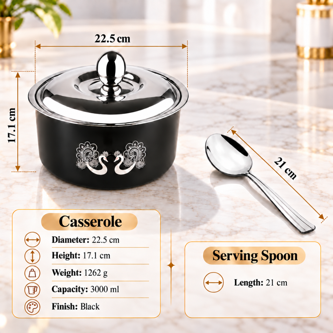FnS 3000ml Stainless Steel Black Casserole with Spoon - Buy Now