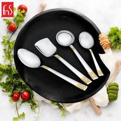 FNS RAGA 24 Karat Gold Plated Stainless Steel Serving Set of 4 (1 Rice Serving, 1 Veg Serving Large, 1 Gravy Ladle, 1 Serving Spoon Large) for Home, Kitchen and Dinning, 30 Cm