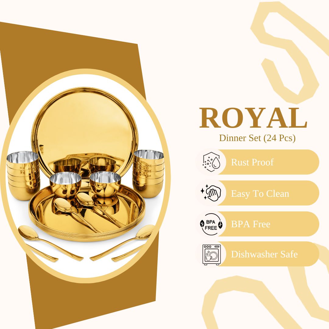 FnS Royal 24 pcs Stainless Steel Gold Dinner Set (6 Thali, 12 Katori (Bowl), 6 Dinner Spoon)