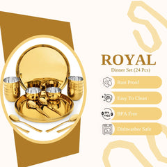FnS Royal 24 pcs Stainless Steel Gold Dinner Set (6 Thali, 12 Katori (Bowl), 6 Dinner Spoon)
