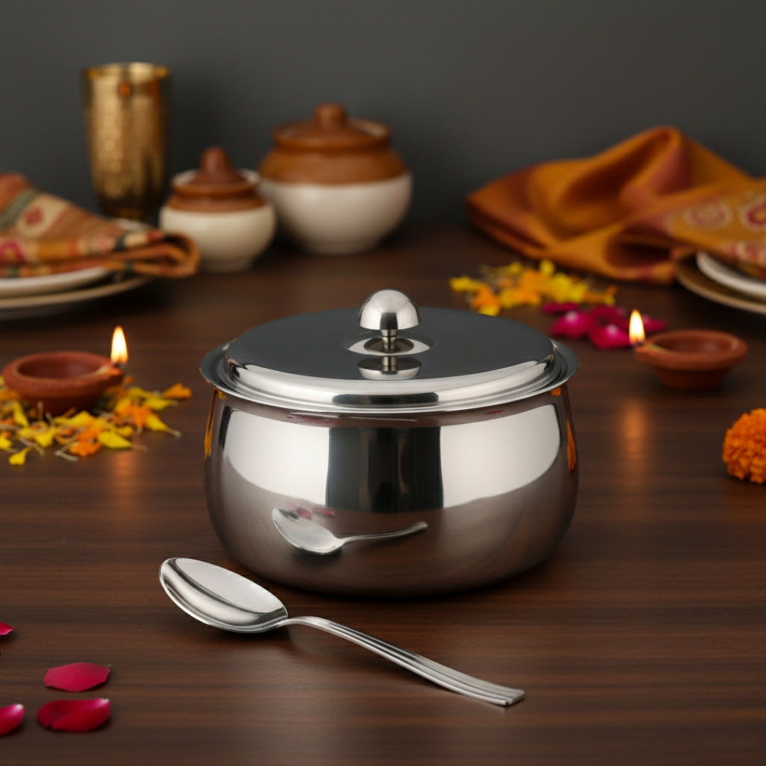 FNS Ebro White Finish Stainless Steel Casserole 1500 ml with Lid  and Venice 1 Pcs Serving Spoon Combo for Home Dining and Kitchen
