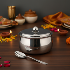 FNS Ebro White Finish Stainless Steel Casserole 1500 ml with Lid  and Venice 1 Pcs Serving Spoon Combo for Home Dining and Kitchen