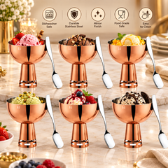 FnS Basil Rose Gold Ice Cream Bowl & Spoon Set of 6