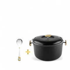 FNS Latina Black Finish Stainless Steel Casserole 3000 ml with Lid  and Imperio 1 Pcs Serving Spoon Combo for Home Dining and Kitchen