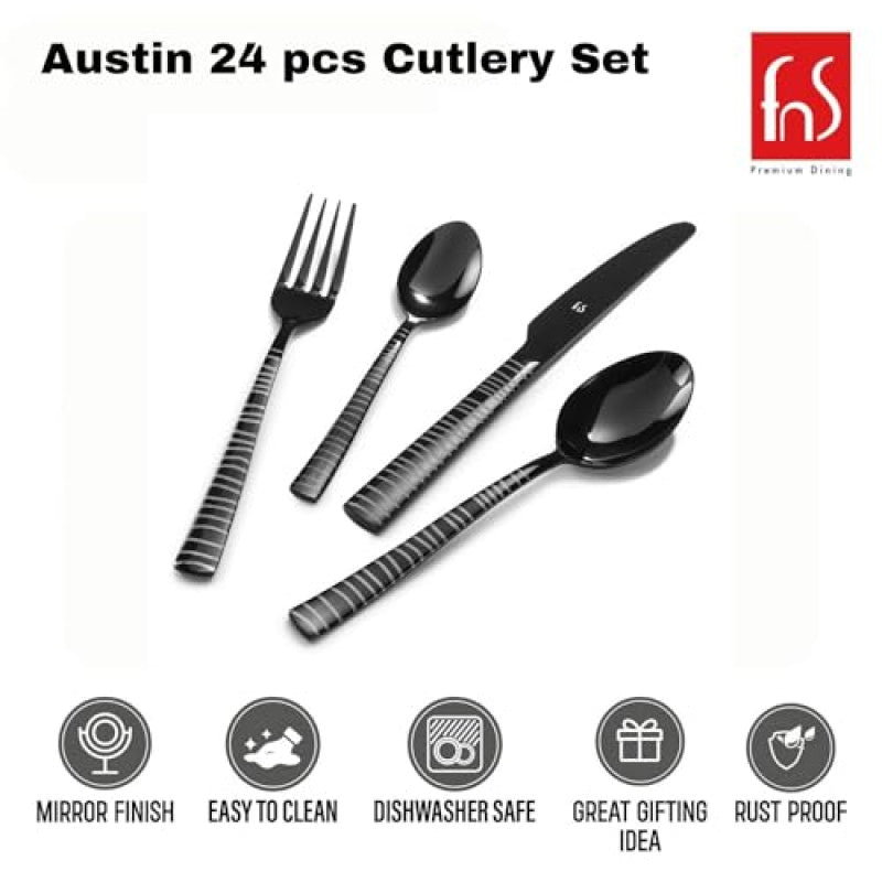 FnS Austin Black Finish PVD Coating 24 Pcs Cutlery Set