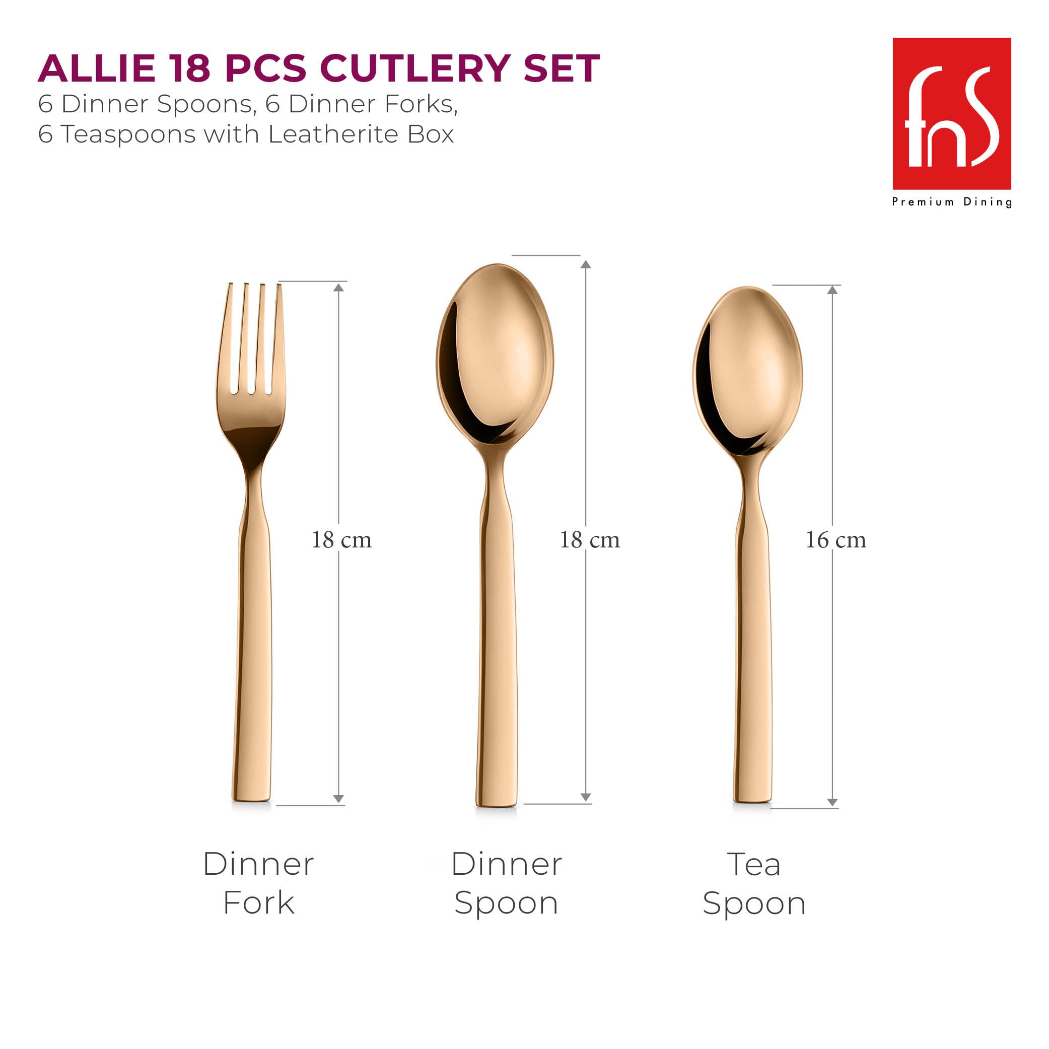 FnS Allie 18 pcs Stainless Steel Rose Gold Cutlery Set with Leatherette Box