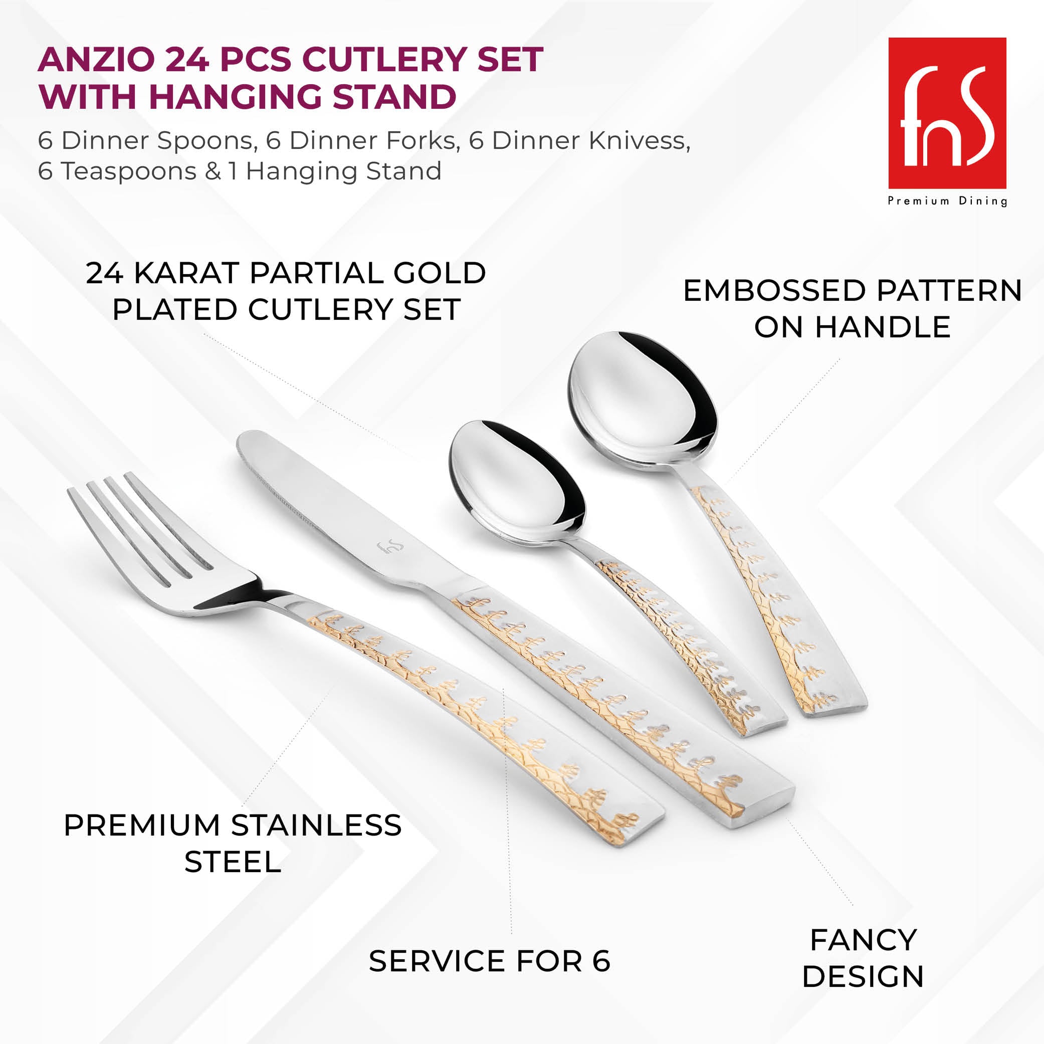 FnS Anzio 24 Karat Gold Plated 24 pcs Cutlery Set with Hanging Stand