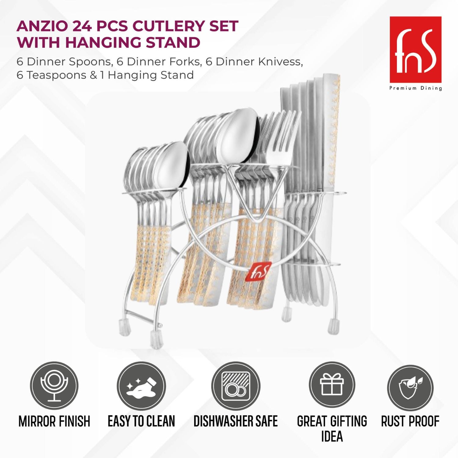 FnS Anzio 24 Karat Gold Plated 24 pcs Cutlery Set with Hanging Stand