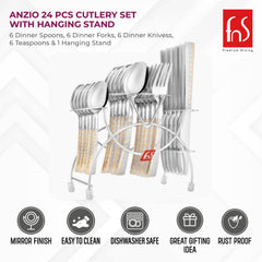 FnS Anzio 24 Karat Gold Plated 24 pcs Cutlery Set with Hanging Stand