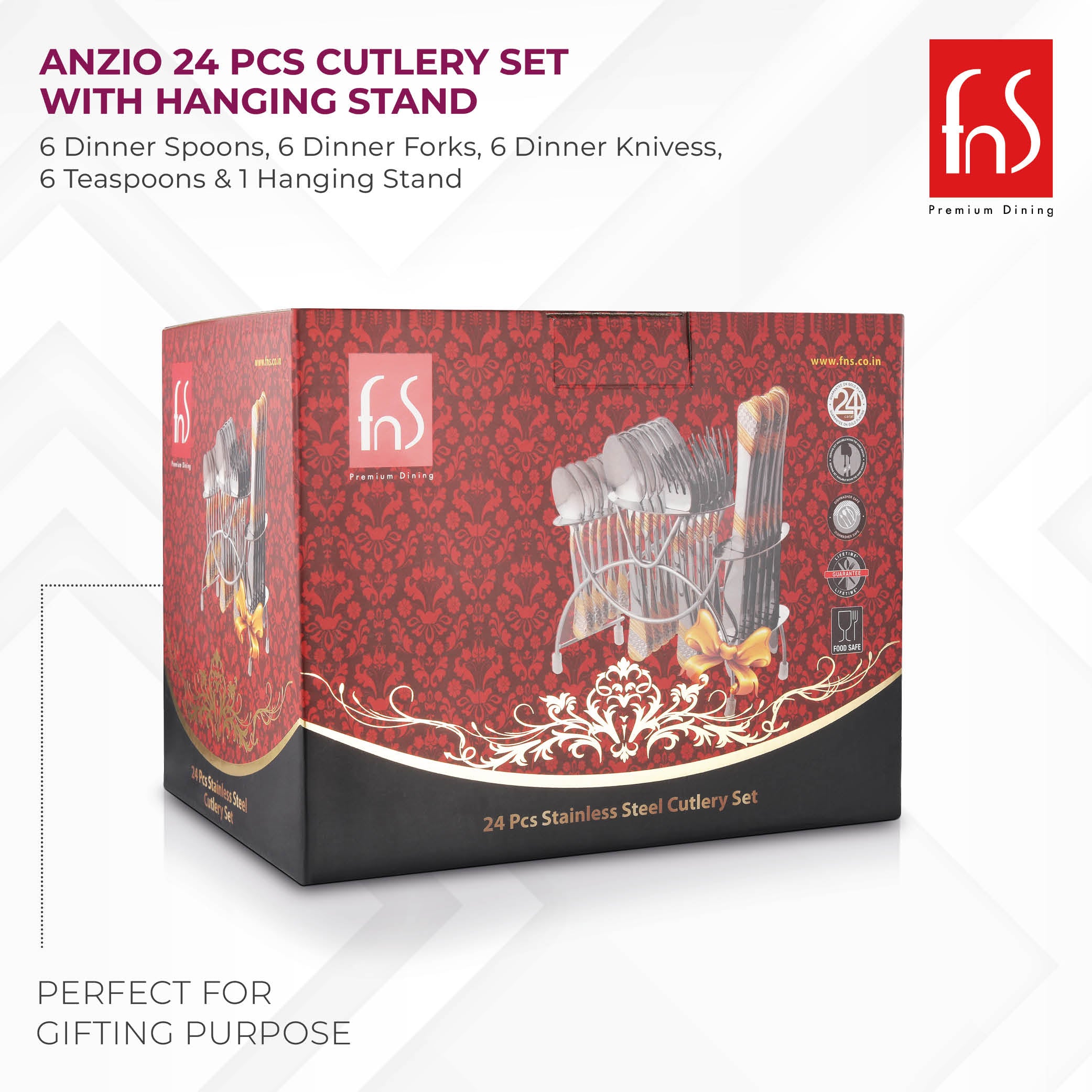 FnS Anzio 24 Karat Gold Plated 24 pcs Cutlery Set with Hanging Stand