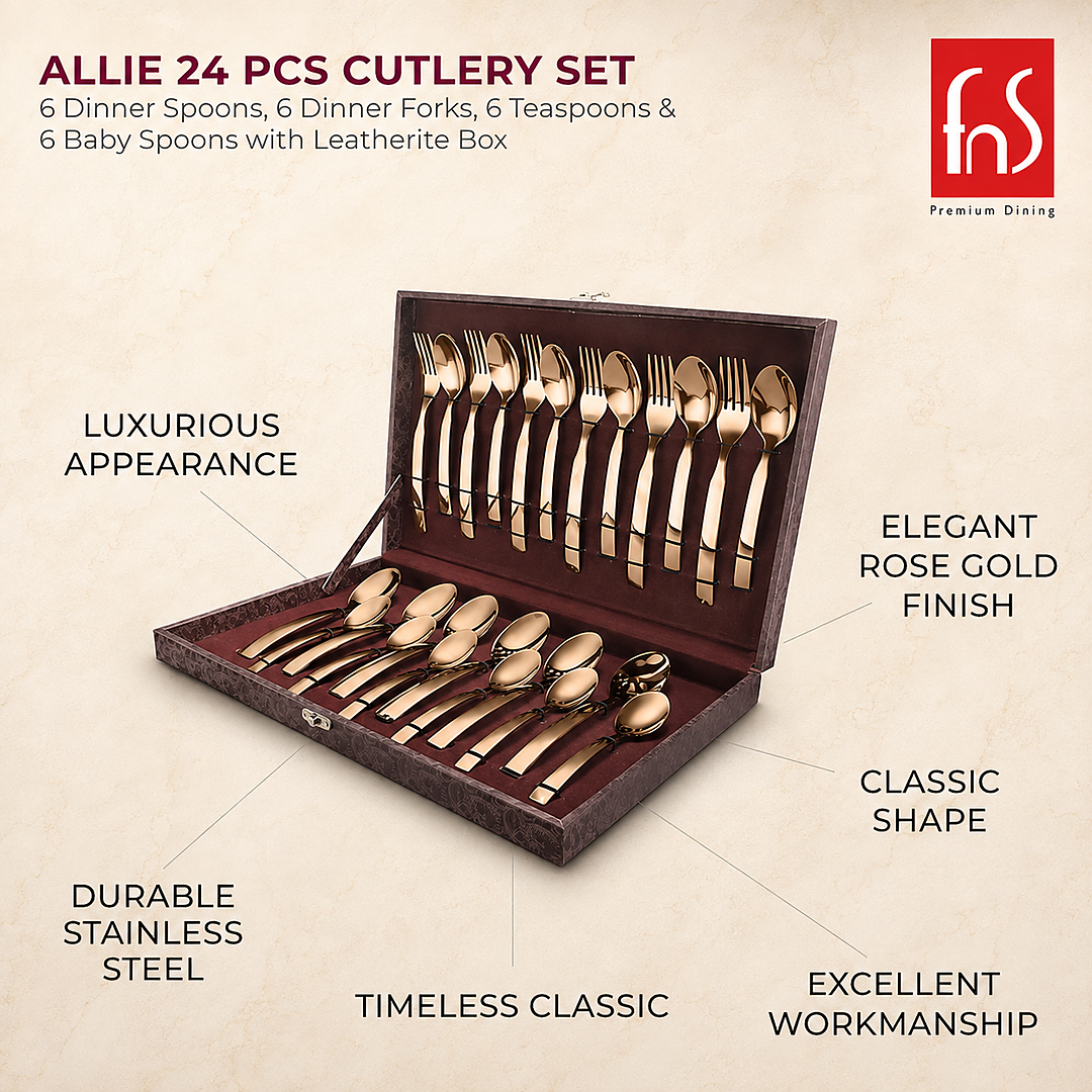 FnS Allie 24-piece rose gold cutlery set in a leatherette box, displayed with six premium feature callouts on warm beige.
