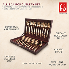 FnS Allie 24-piece rose gold cutlery set in a leatherette box, displayed with six premium feature callouts on warm beige.