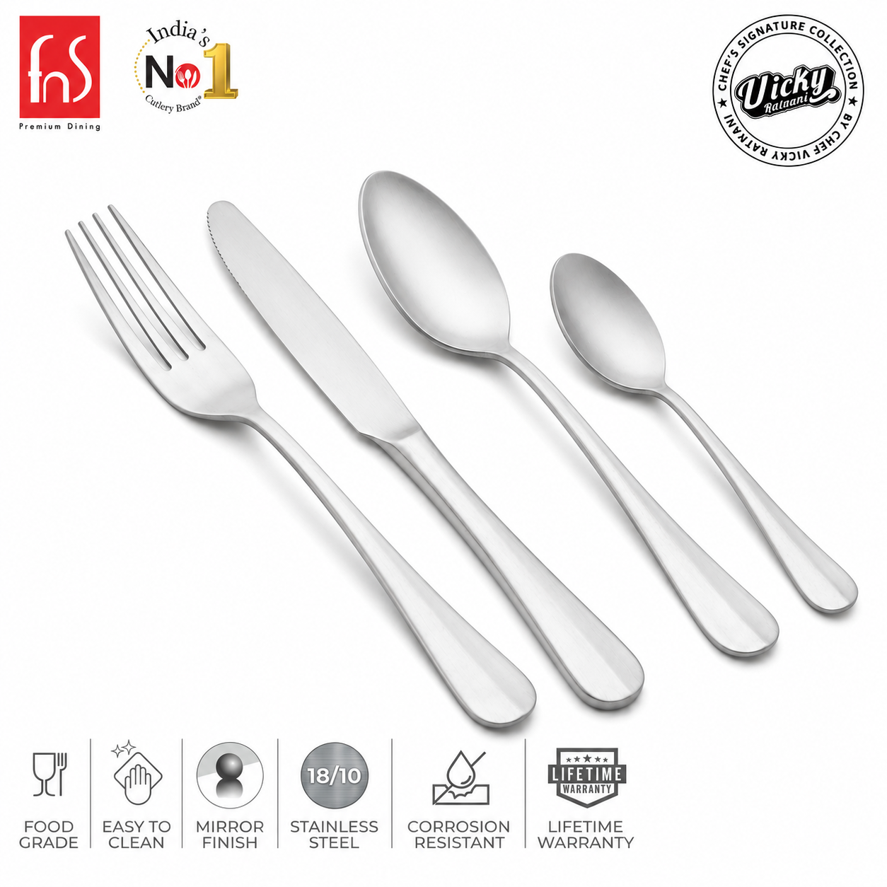 Chef Vicky Ratnani's Signature Collection By FnS Antico Stainless Steel 24 Pcs Cutlery Set with Box Pack | 6 Dinner Spoon, 6 Dinner Fork, 6 Dinner Knife/Butter Knife, 6 Teaspoon | Premium classic elegance Handle Design Cutlery for Home, Dining & Kitchen