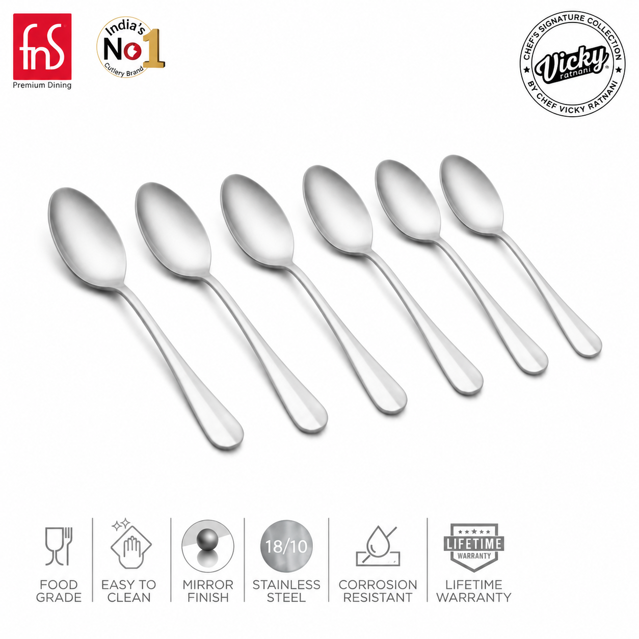 Chef Vicky Ratnani's Signature Collection By FnS Antico Stainless Steel Cutlery Teaspoon 6 Pcs Set | Premium classic elegance Handle Design Cutlery for Home, Dining & Kitchen