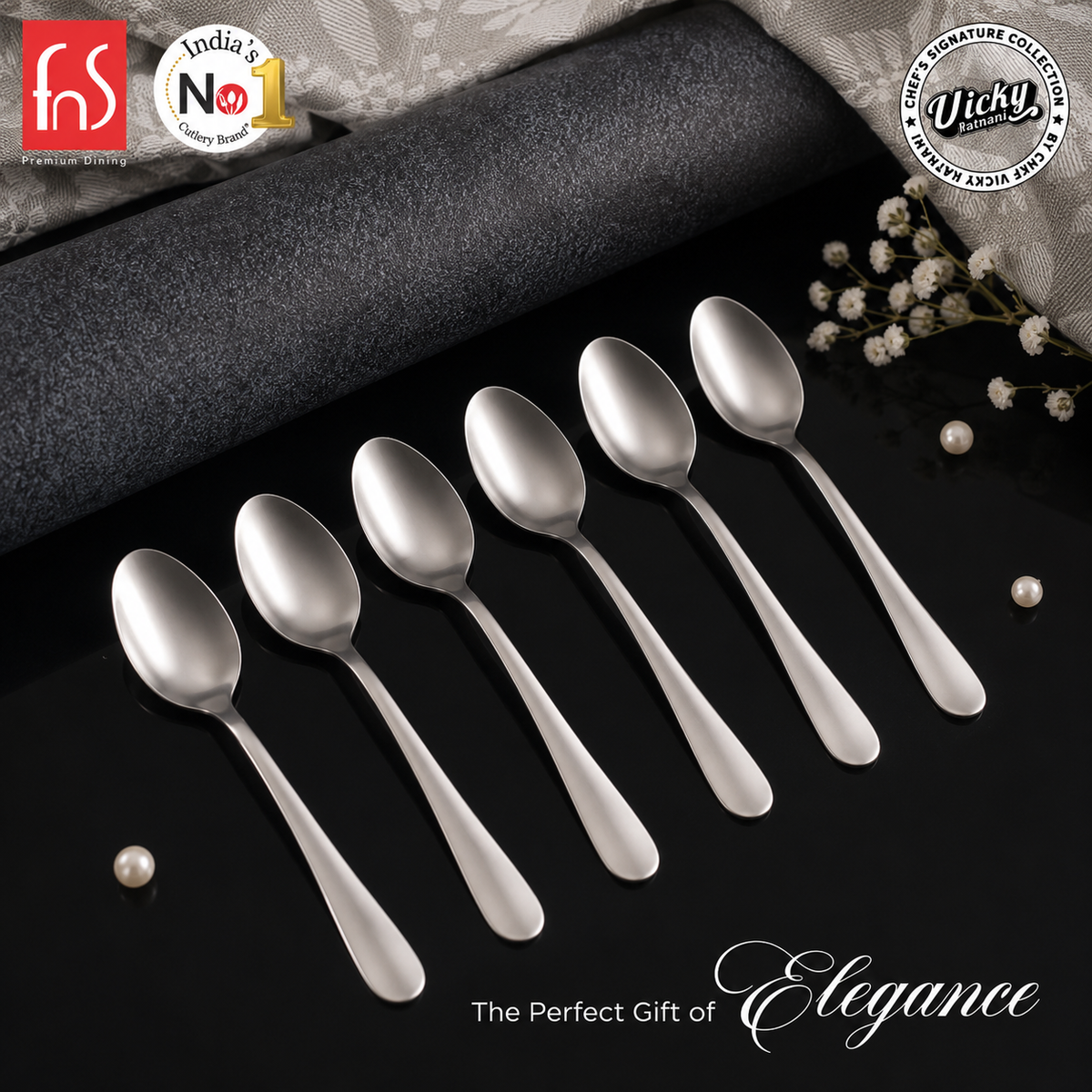 Chef Vicky Ratnani's Signature Collection By FnS Antico Stainless Steel Cutlery Teaspoon 6 Pcs Set | Premium classic elegance Handle Design Cutlery for Home, Dining & Kitchen
