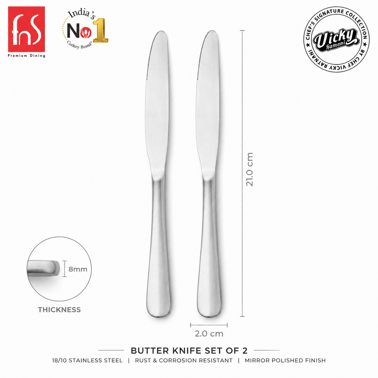 Chef Vicky Ratnani's Signature Collection By FnS Antico Dessert Knife/Dinner knife/Butter knife 2 Pcs Set | Premium classic elegance Handle Design Cutlery for Home, Dining & Kitchen