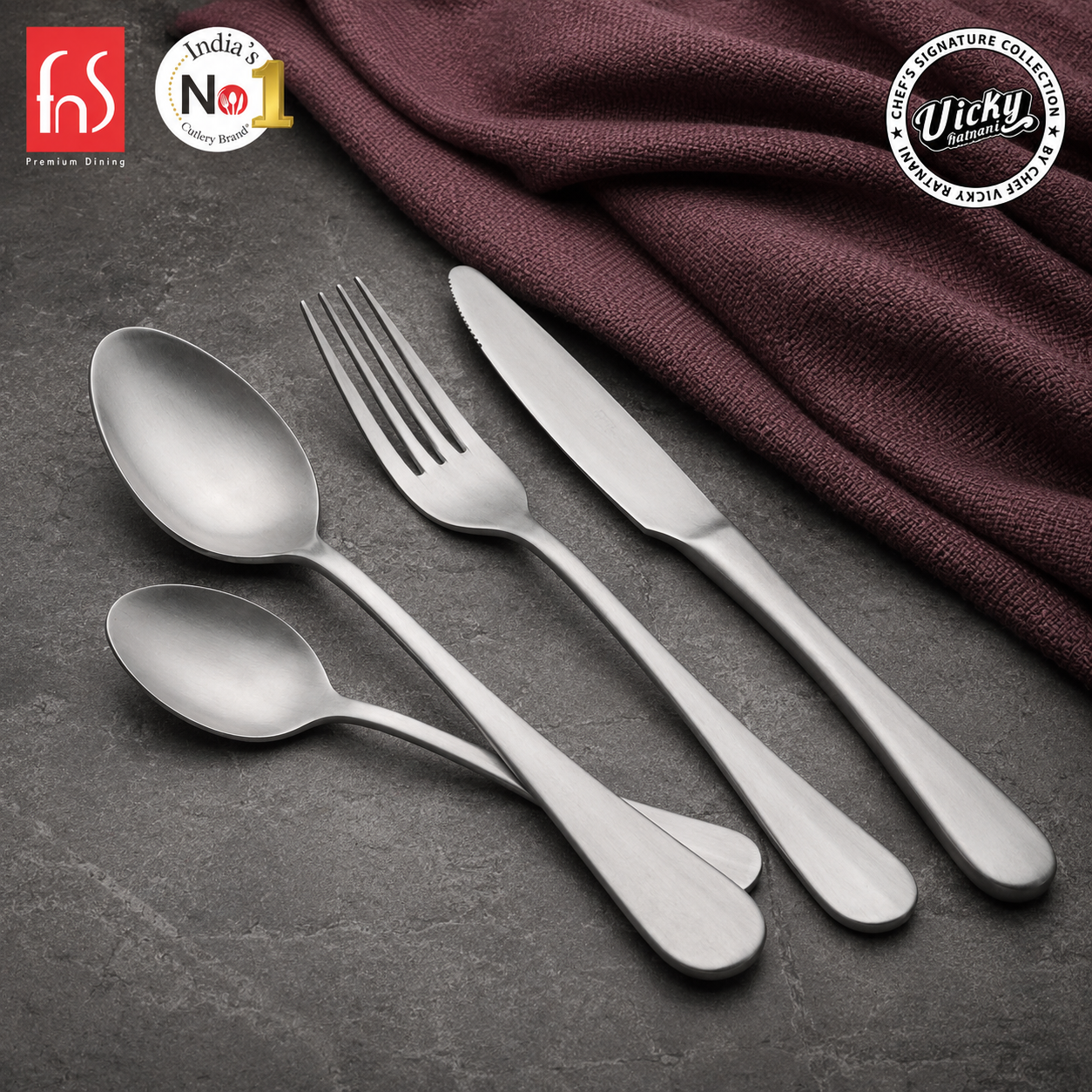 Chef Vicky Ratnani's Signature Collection By FnS Antico Stainless Steel 24 Pcs Cutlery Set with Box Pack | 6 Dinner Spoon, 6 Dinner Fork, 6 Dinner Knife/Butter Knife, 6 Teaspoon | Premium classic elegance Handle Design Cutlery for Home, Dining & Kitchen