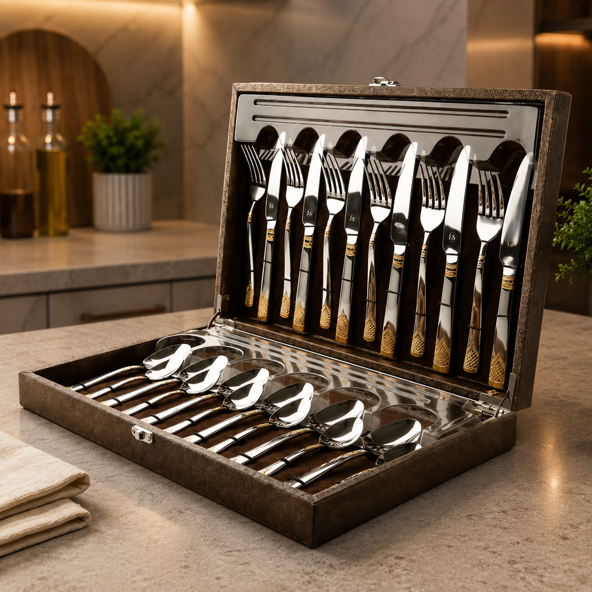 FnS August 24-Pc Mirror Finish Stainless Steel Cutlery Set with Leatherette Box