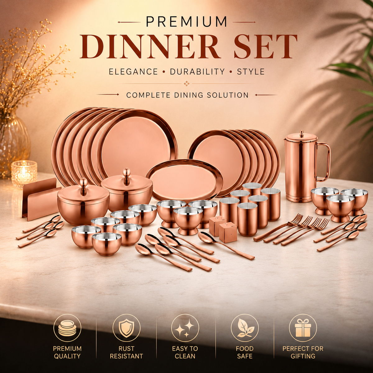 FnS BONBON Stainless Steel Dinner Set (78 Pcs, Rose Gold)