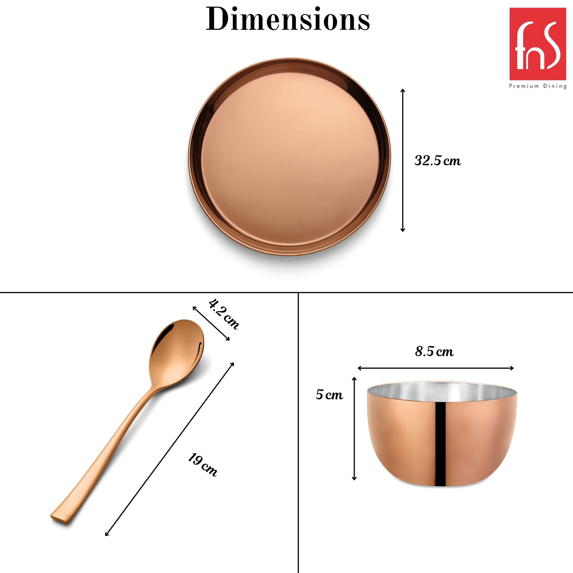 FnS BonBon Rose Gold 24 pcs Stainless Steel Dinner Set (6 Thali, 12 Katori (Bowl), 6 Dinner Spoon)