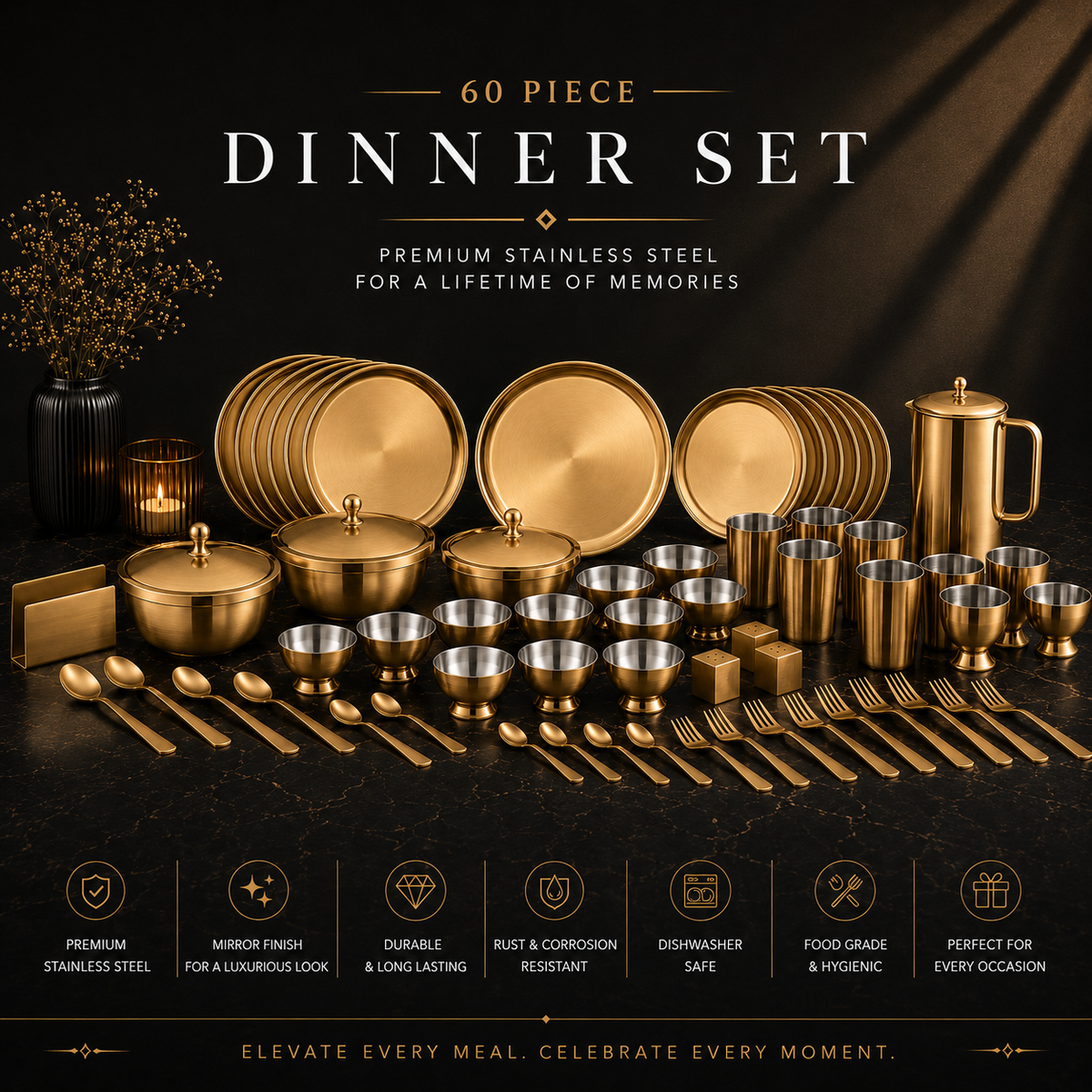FnS BONBON Stainless Steel Dinner Set (60pcs, Rose Gold)
