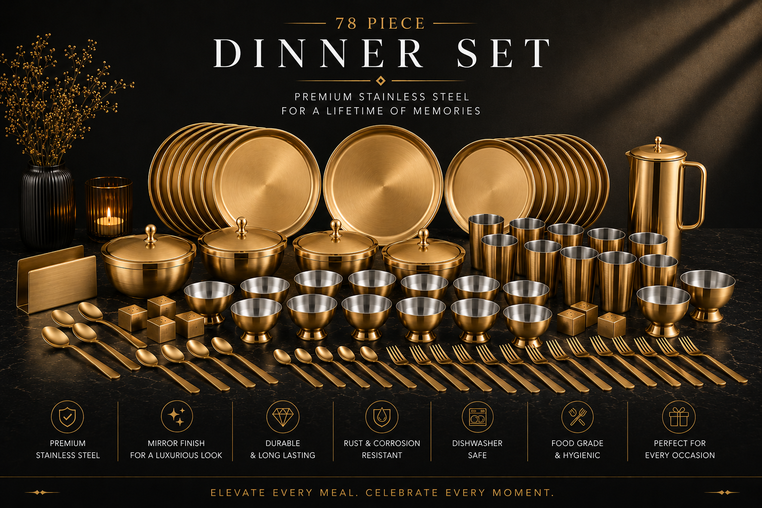 FnS BONBON Stainless Steel Dinner Set (78 Pcs, Rose Gold)