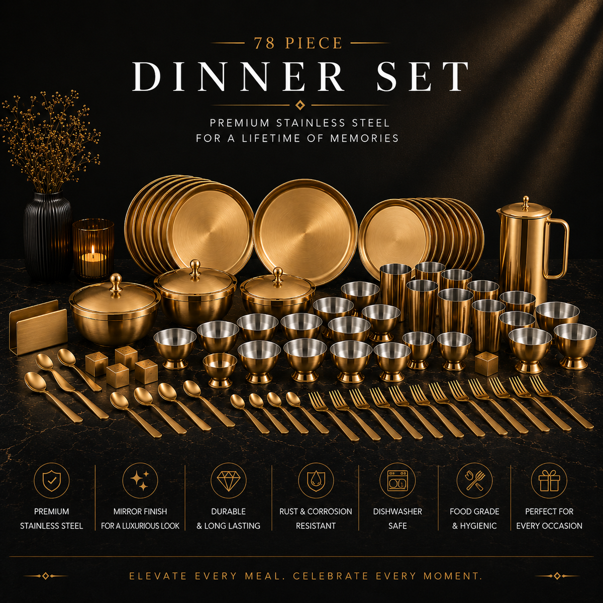 FnS BONBON Stainless Steel Dinner Set (78 Pcs, Rose Gold)