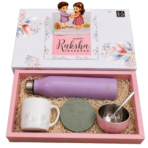 Premium Rakhi Gift Box with Water Bottle, Mug, Coaster & Ice Cream Cup with Spoon