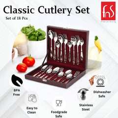 FnS Classic 24 Karat Gold Plated 18 Pcs Cutlery Set with Leatherette Box (6 Pc Dinner Spoons, 6 Pc Dinner Fork, 6 Pc Tea Spoons)